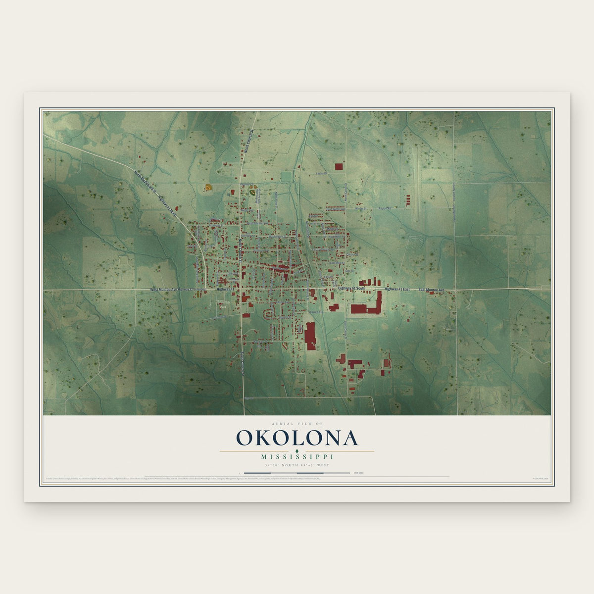 Okolona, Mississippi map print, the full design