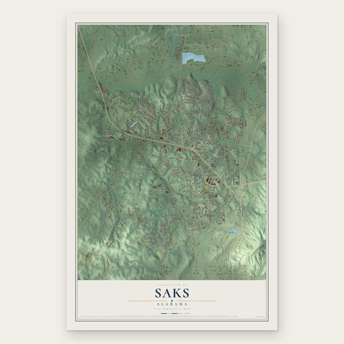 Saks, Alabama map print, the full design