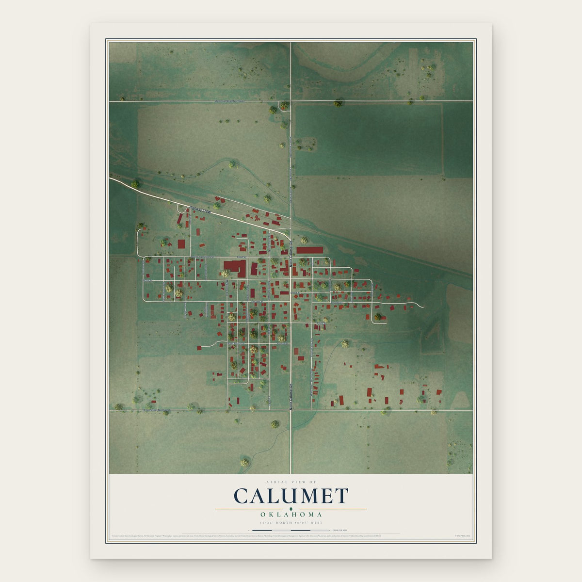 Calumet, Oklahoma map print, the full design