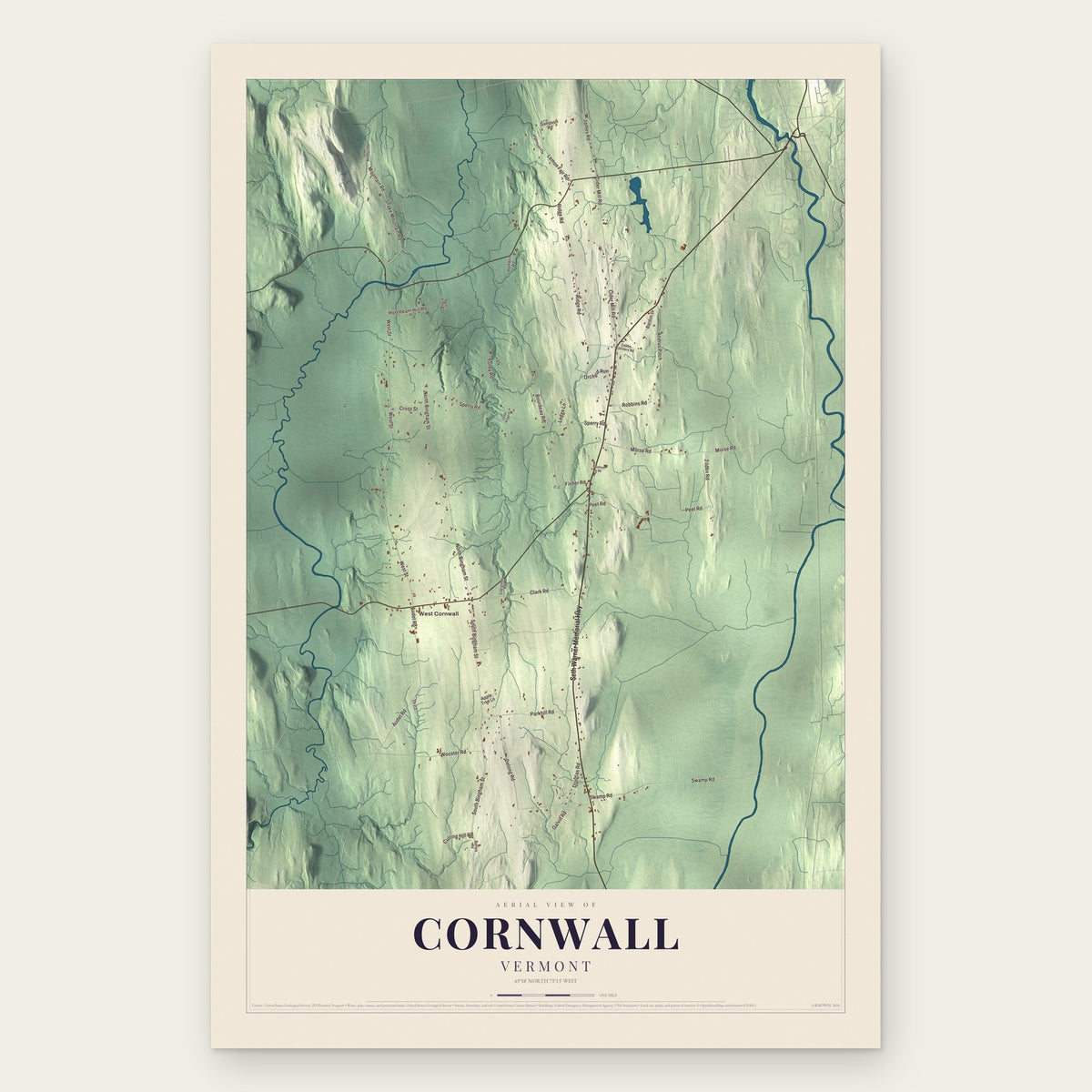Cornwall, Vermont map print, the full design