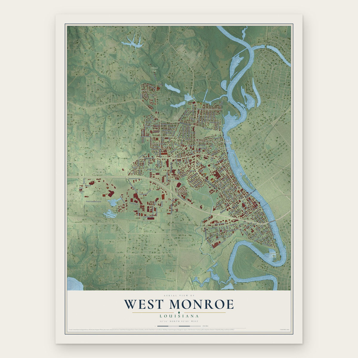 West Monroe, Louisiana map print, the full design