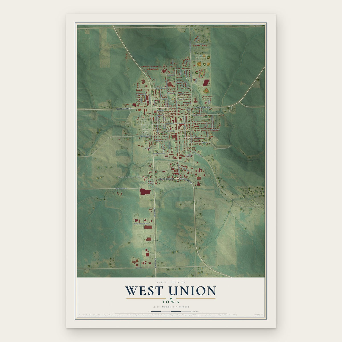 West Union, Iowa map print, the full design