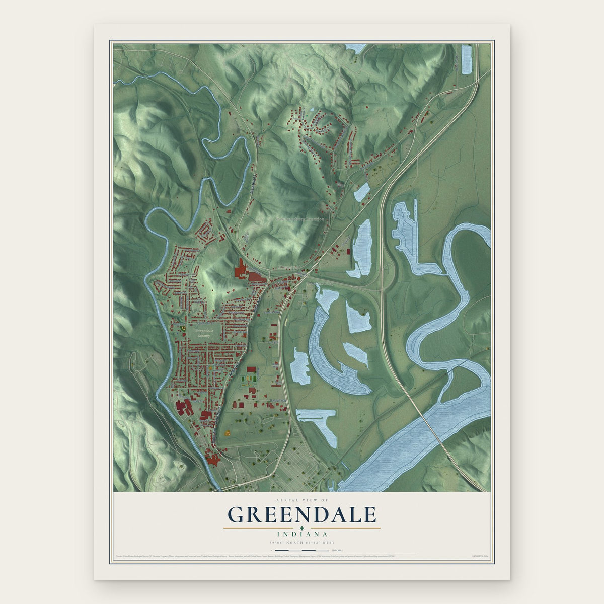 Greendale, Indiana map print, the full design