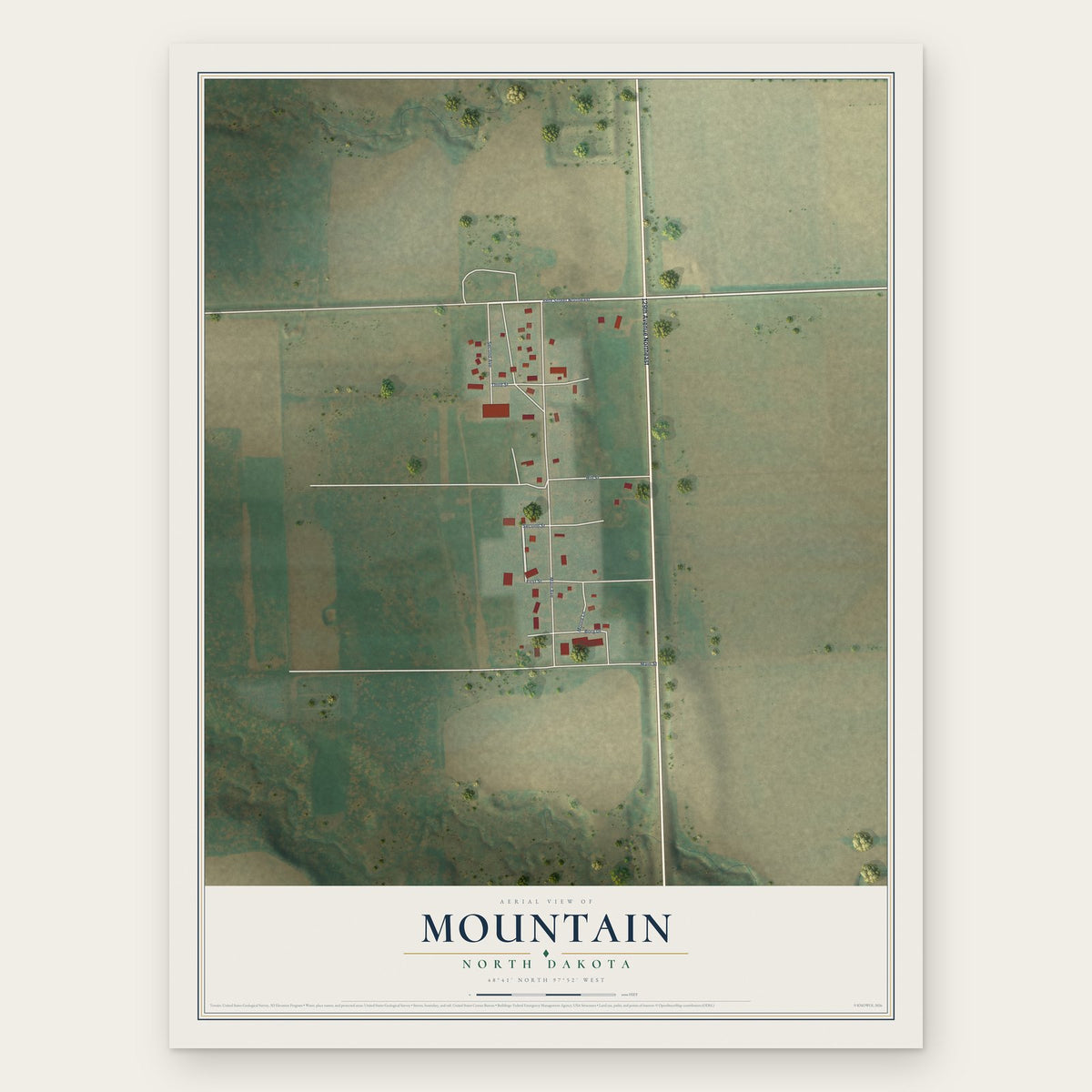 Mountain, North Dakota map print, the full design