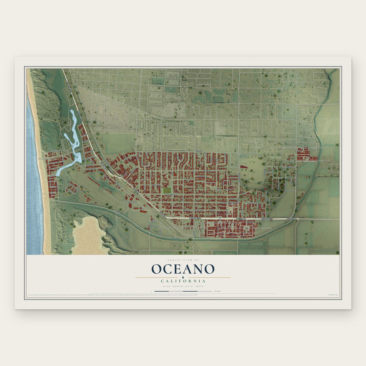 Oceano, California map print, the full design