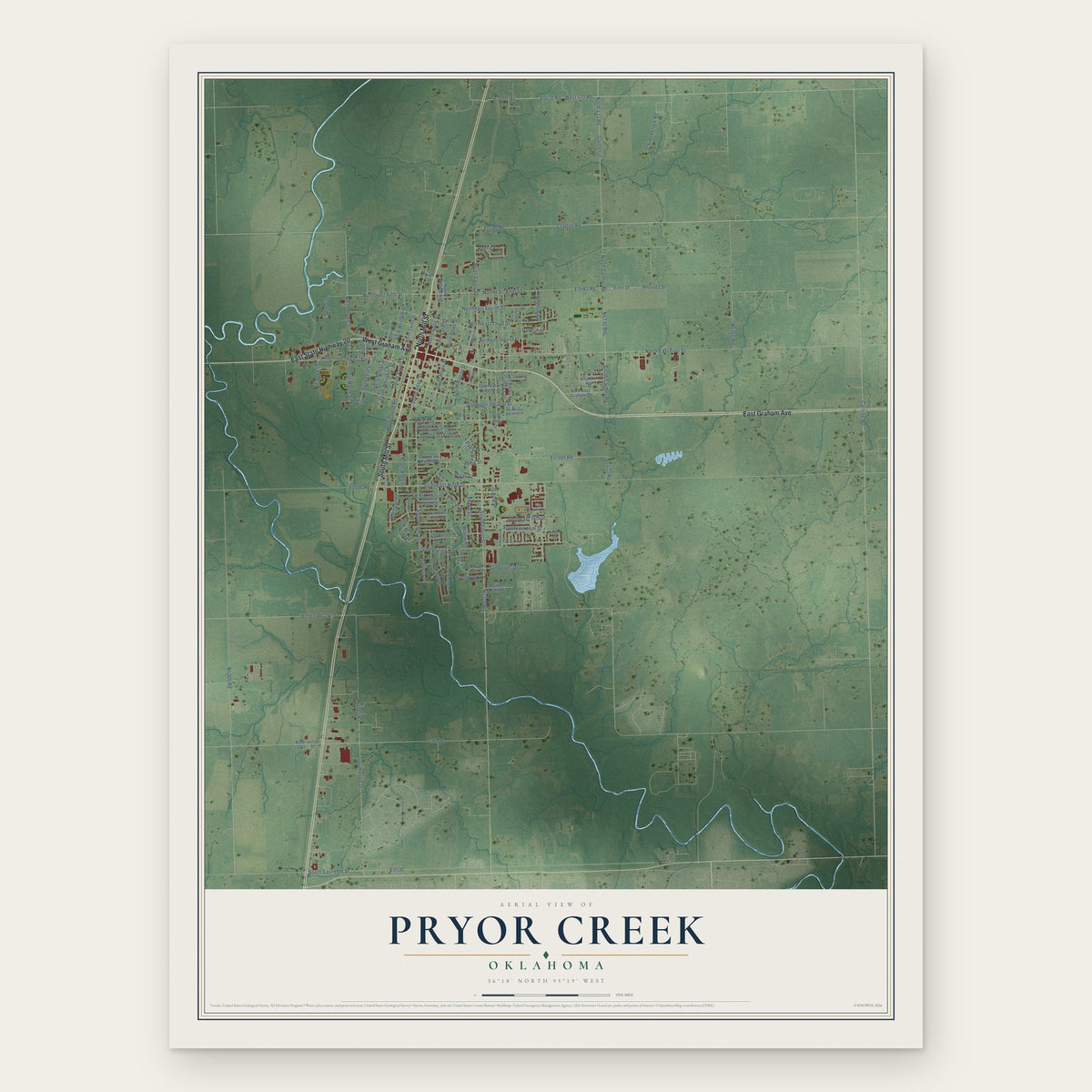 Pryor Creek, Oklahoma map print, the full design