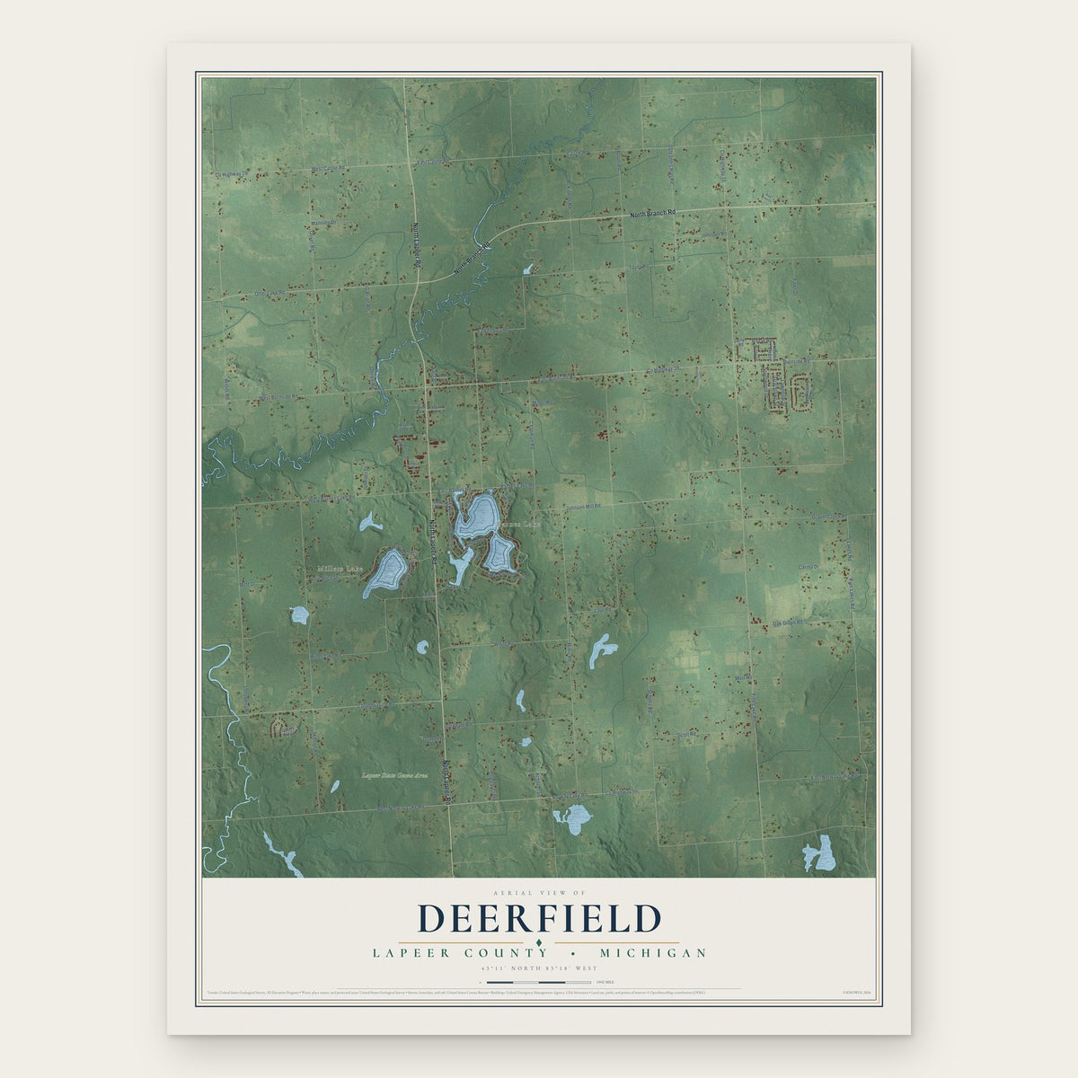 Deerfield, Lapeer County, Michigan map print, the full design