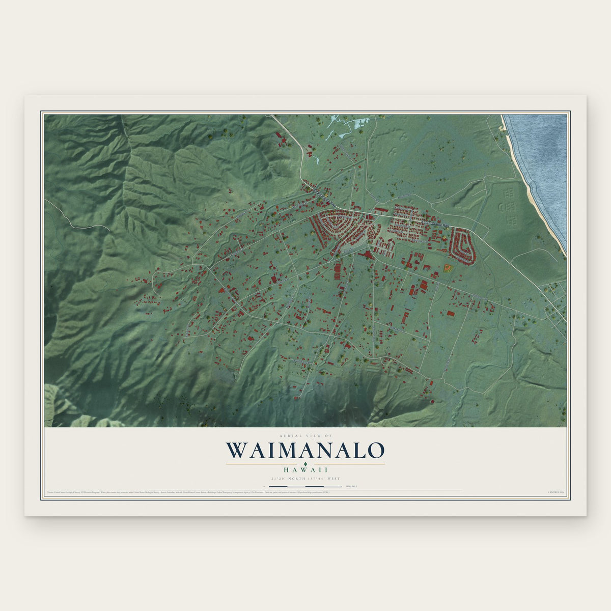 Waimanalo, Hawaii map print, the full design
