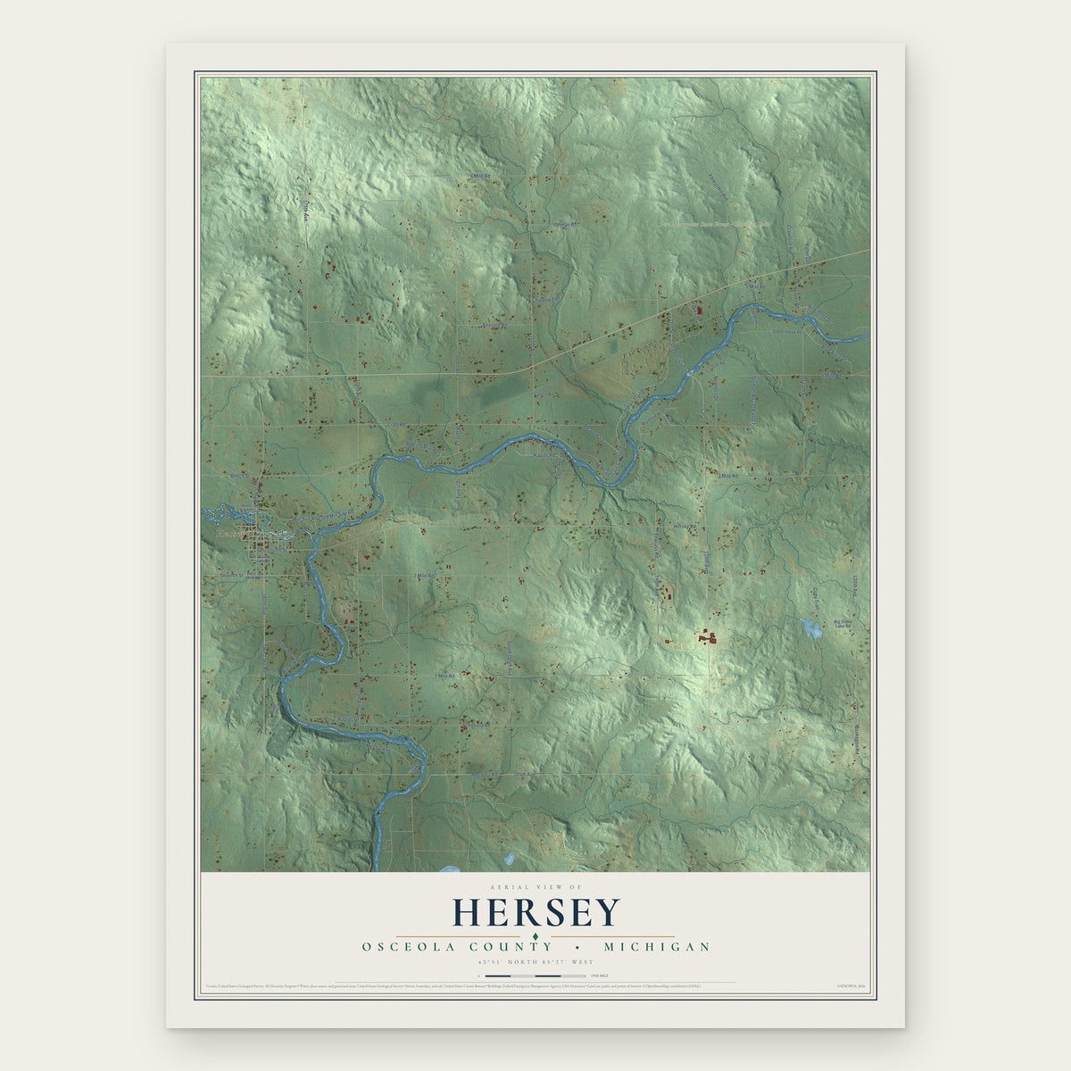 Hersey, Osceola County, Michigan map print, the full design