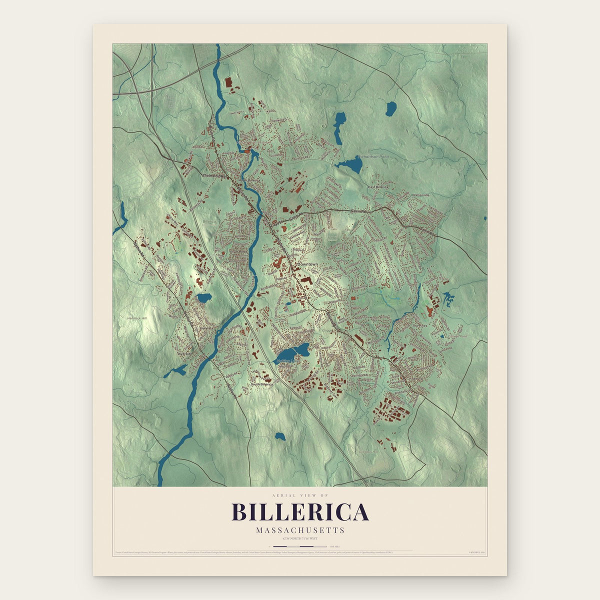 Billerica, Massachusetts map print, the full design