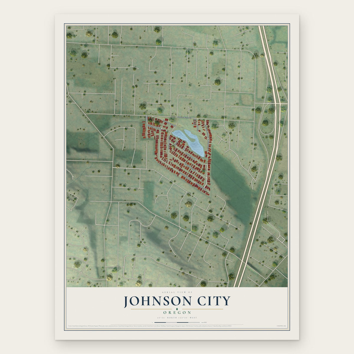 Johnson City, Oregon map print, the full design
