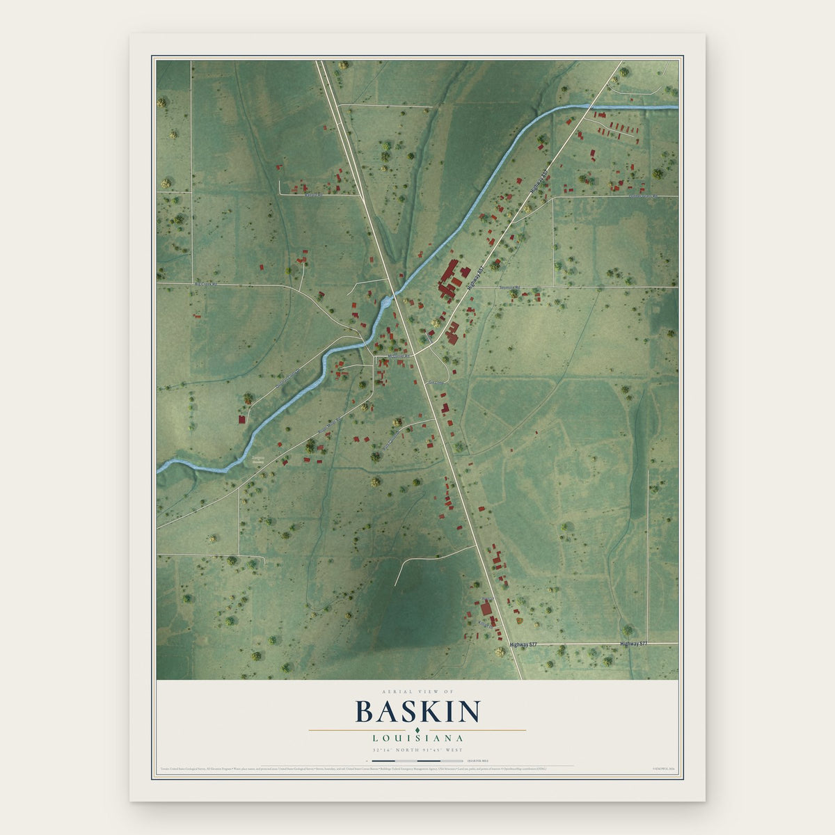 Baskin, Louisiana map print, the full design
