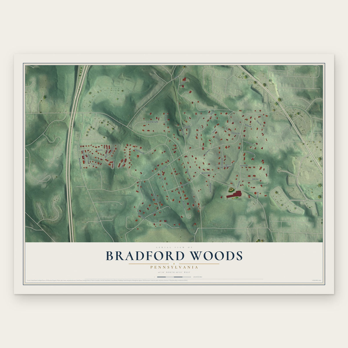 Bradford Woods, Pennsylvania map print, the full design