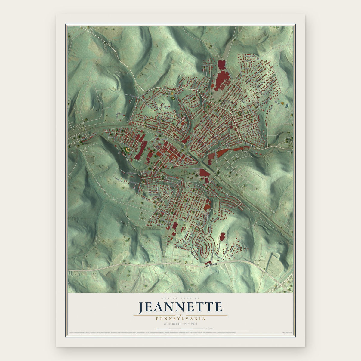 Jeannette, Pennsylvania map print, the full design