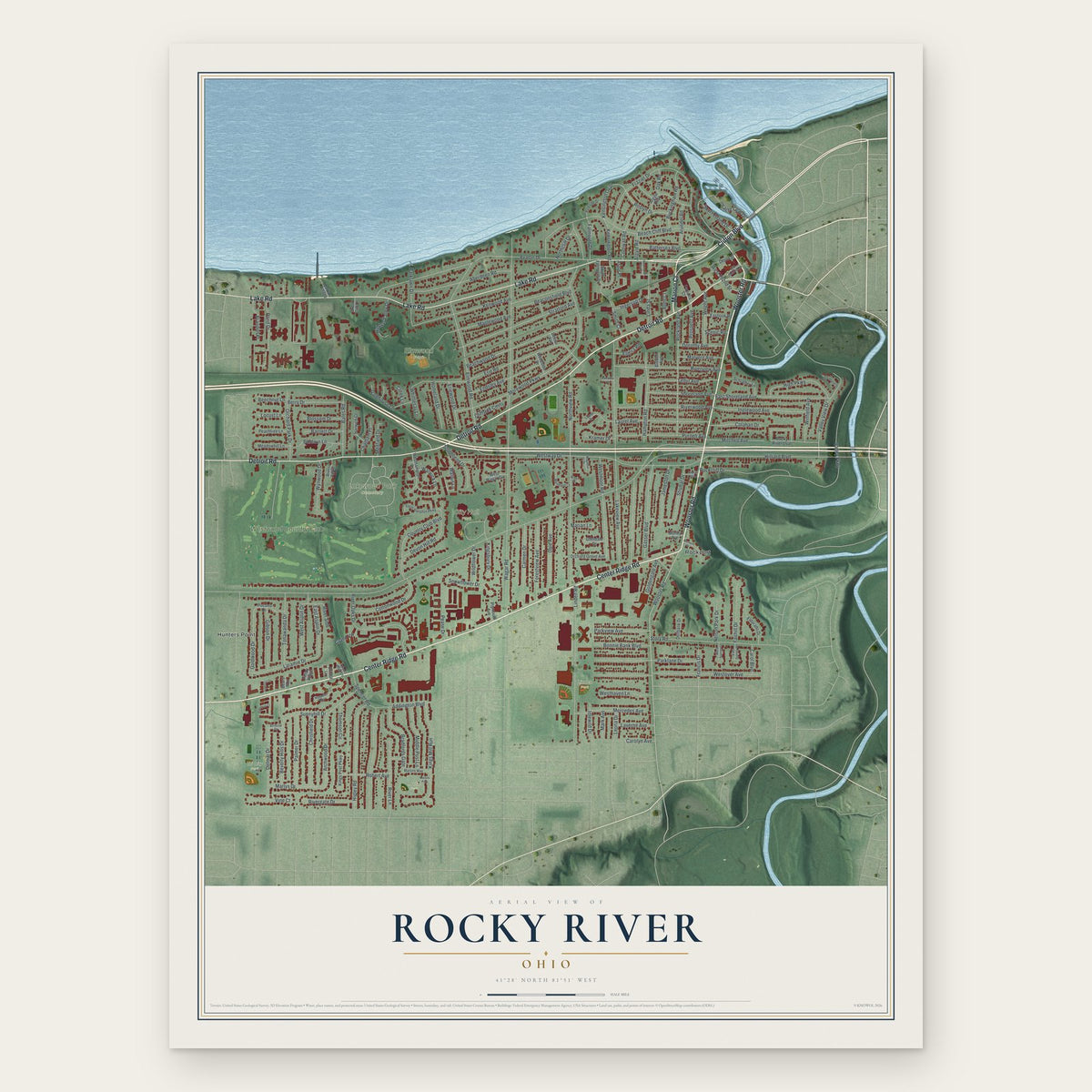Rocky River, Ohio map print, the full design