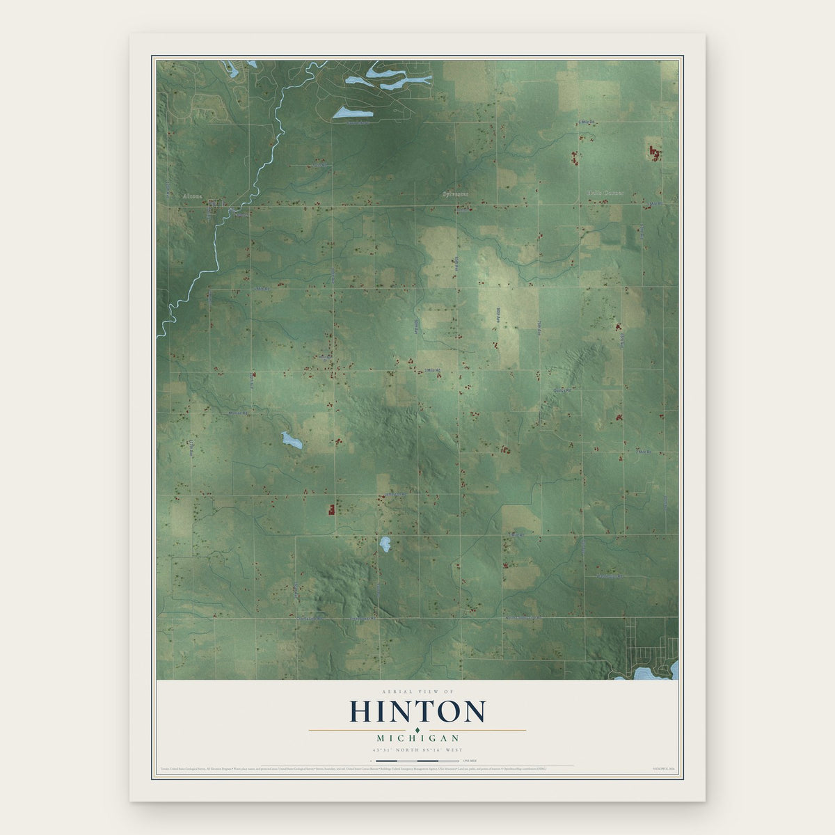 Hinton, Michigan map print, the full design