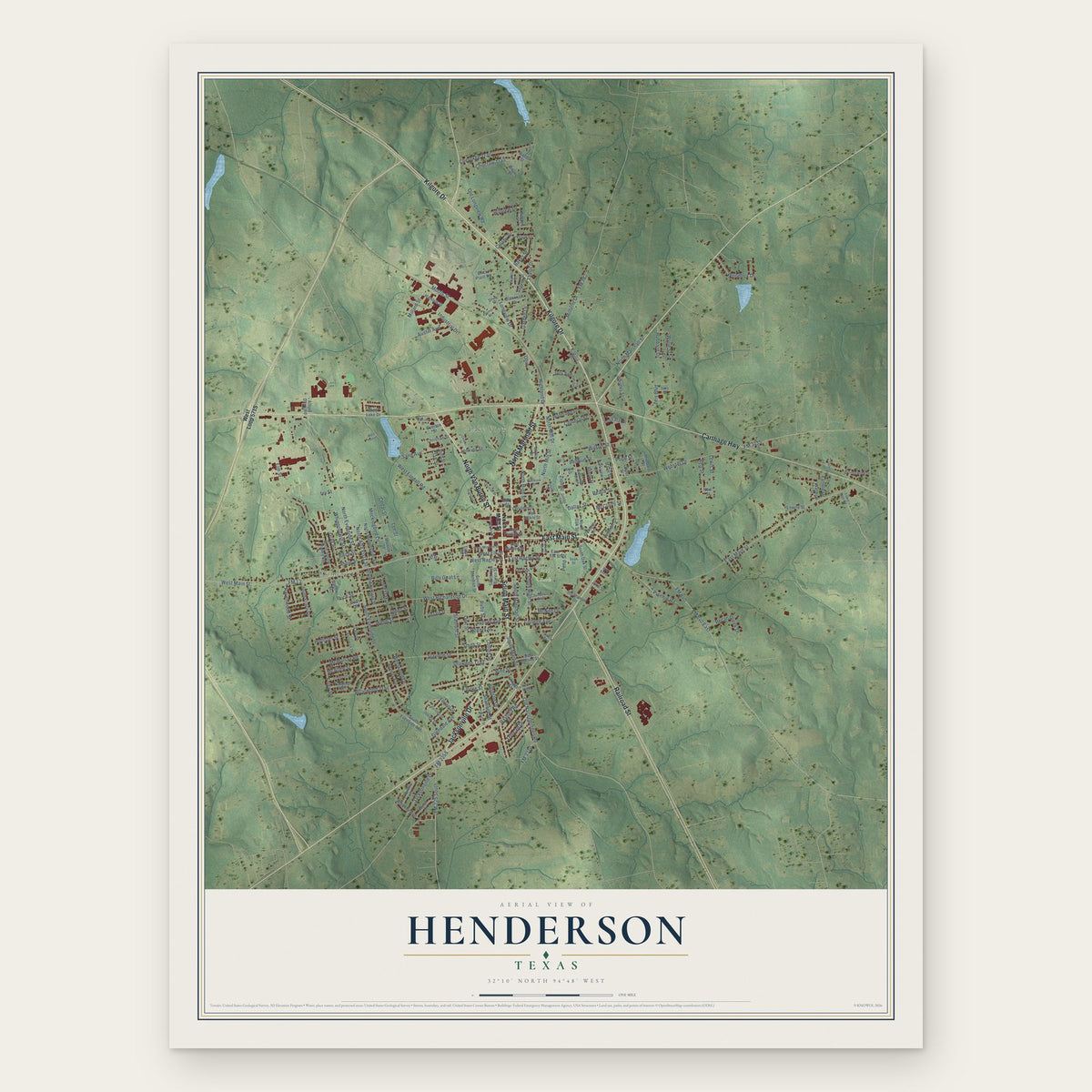 Henderson, Texas map print, the full design