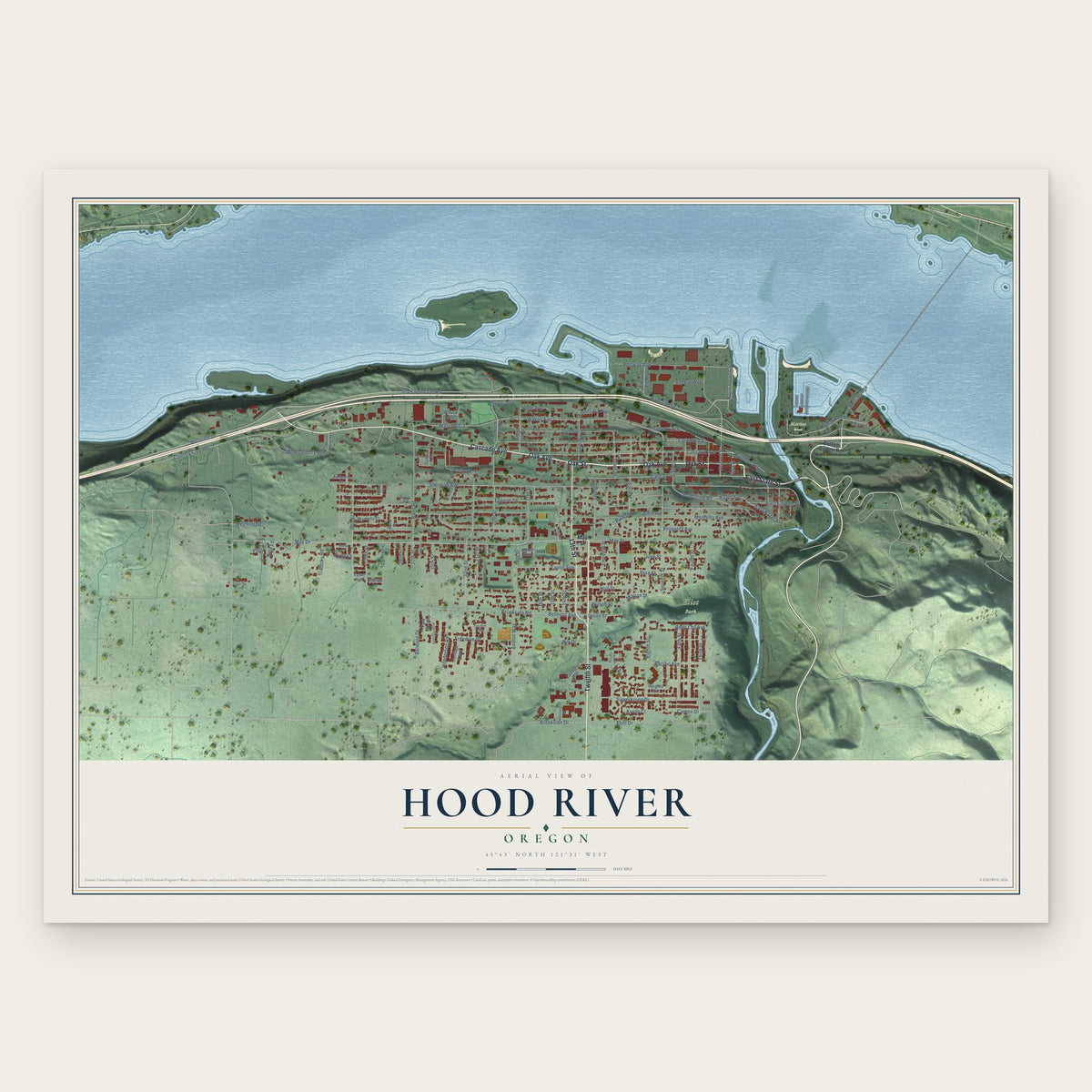 Hood River, Oregon map print, the full design