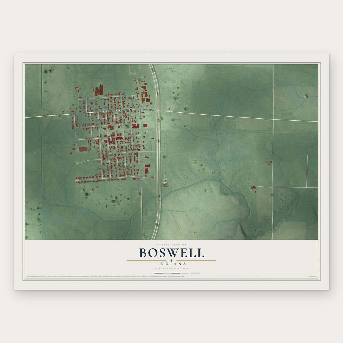 Boswell, Indiana map print, the full design