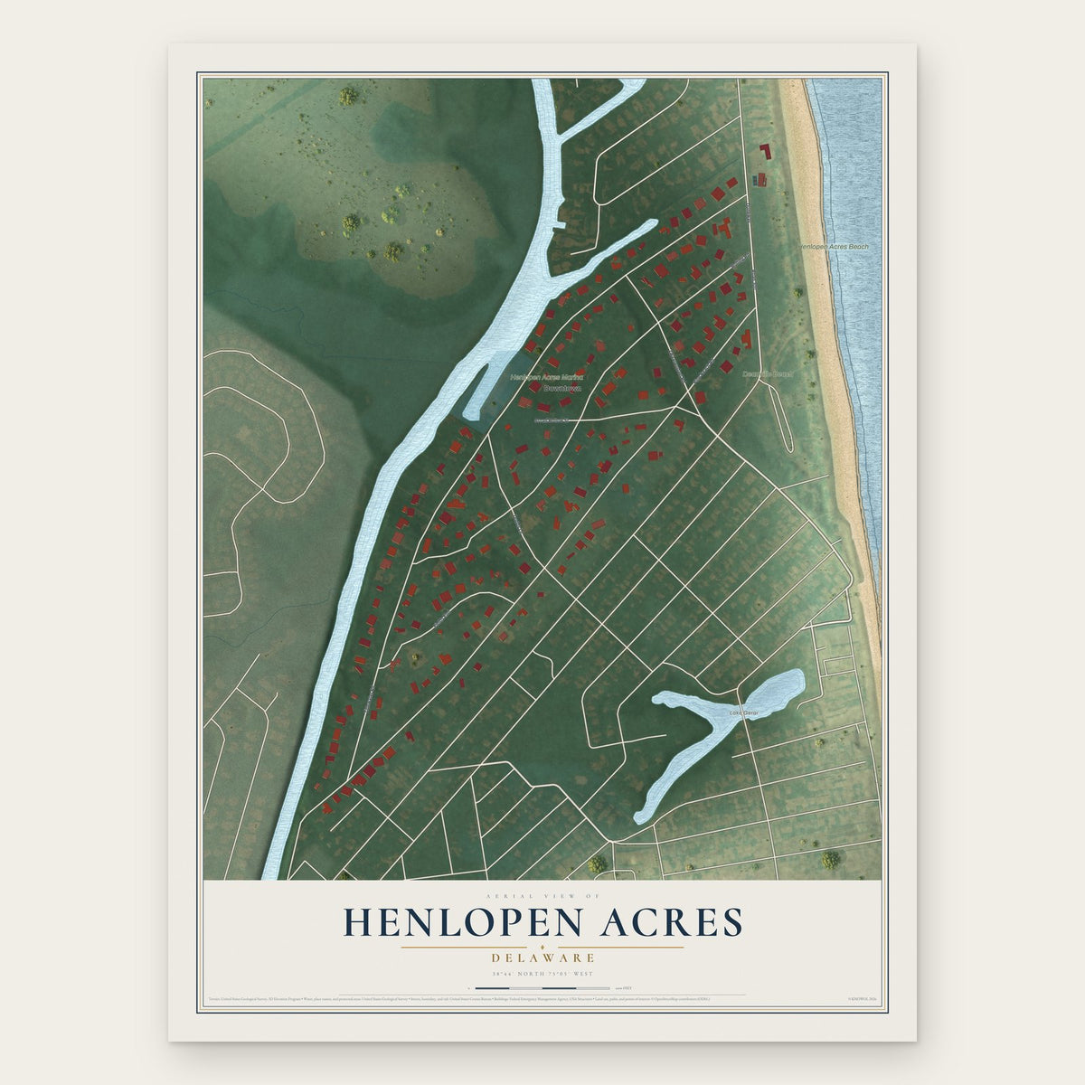 Henlopen Acres, Delaware map print, the full design