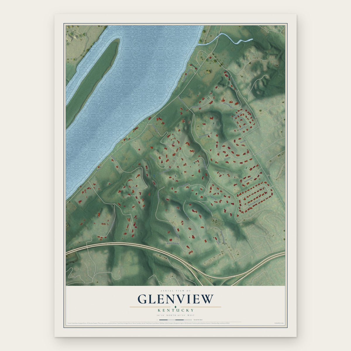 Glenview, Kentucky map print, the full design