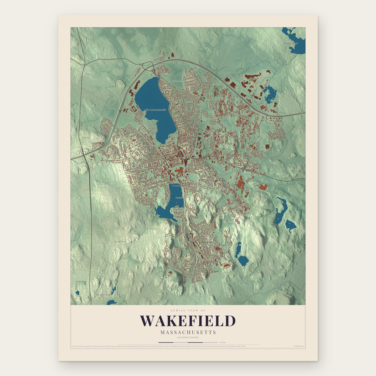 Wakefield, Massachusetts map print, the full design
