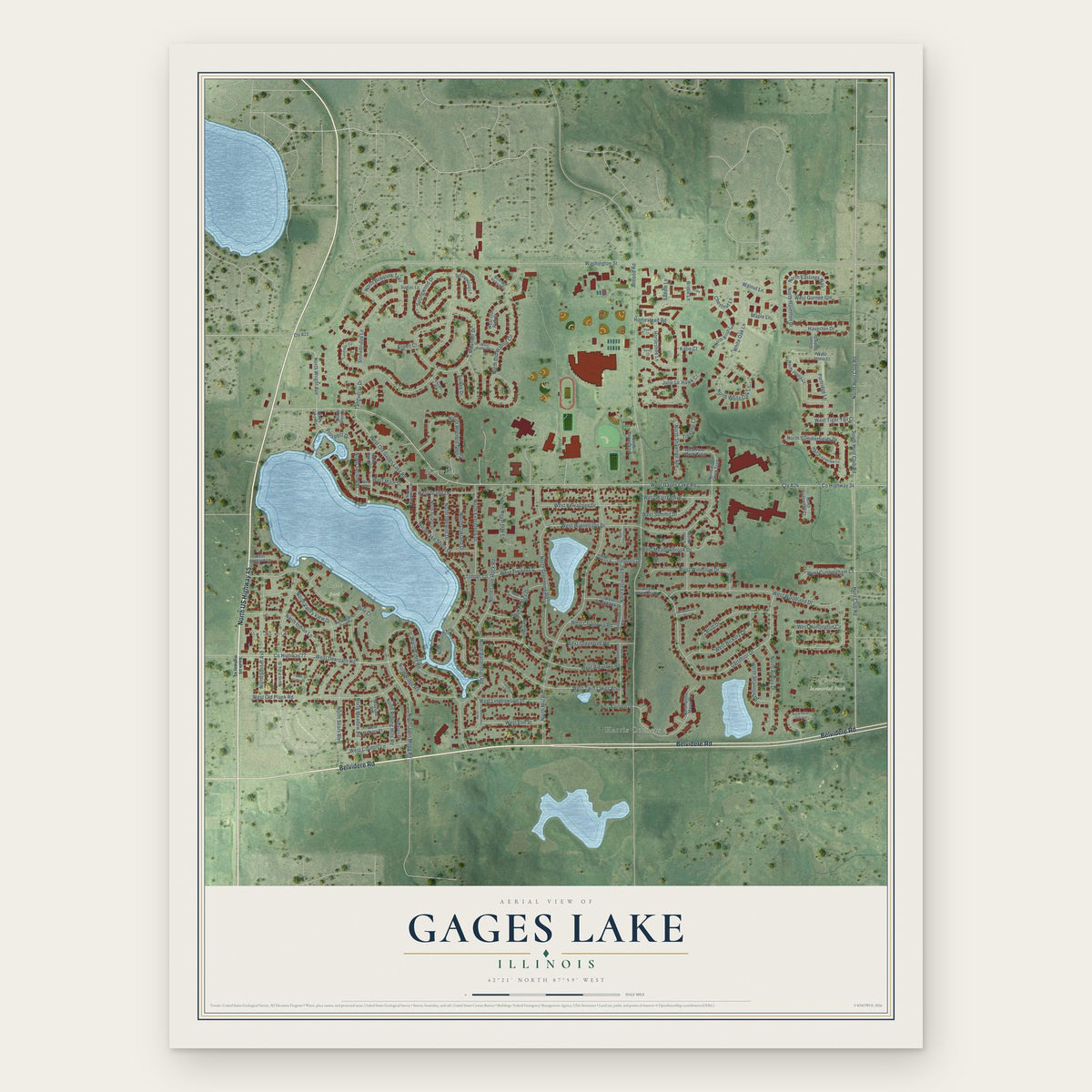 Gages Lake, Illinois map print, the full design