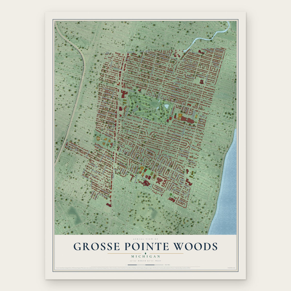 Grosse Pointe Woods, Michigan map print, the full design