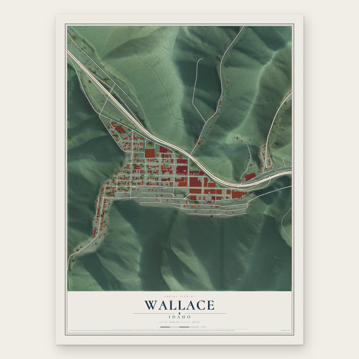 Wallace, Idaho map print, the full design
