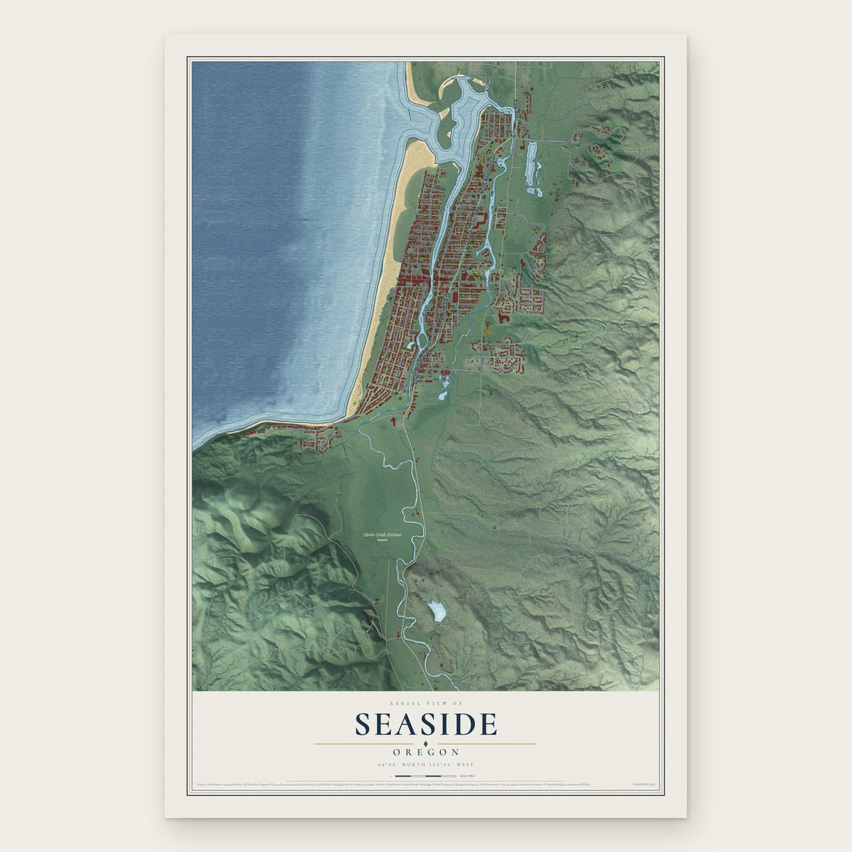 Seaside, Oregon map print, the full design