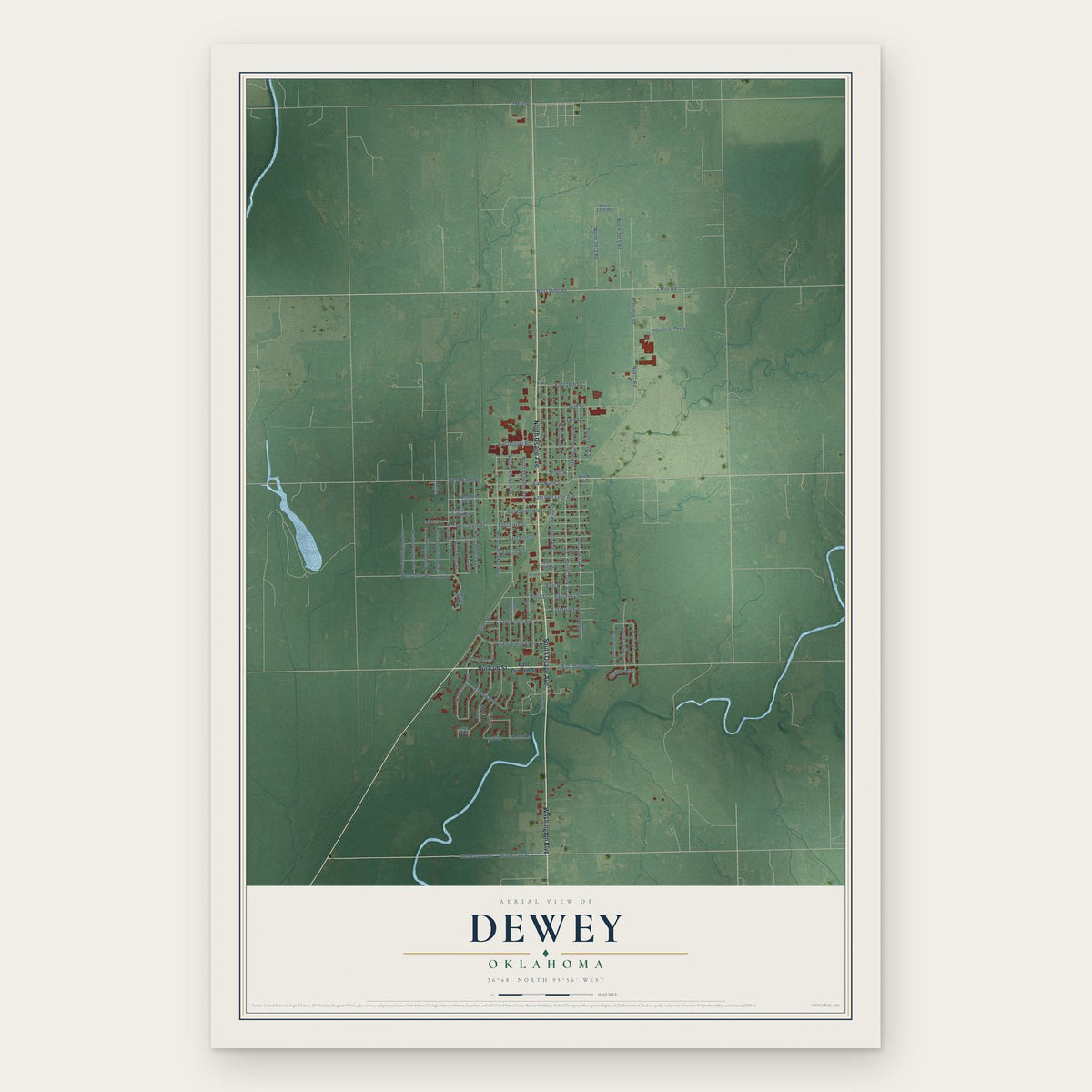 Dewey, Oklahoma map print, the full design