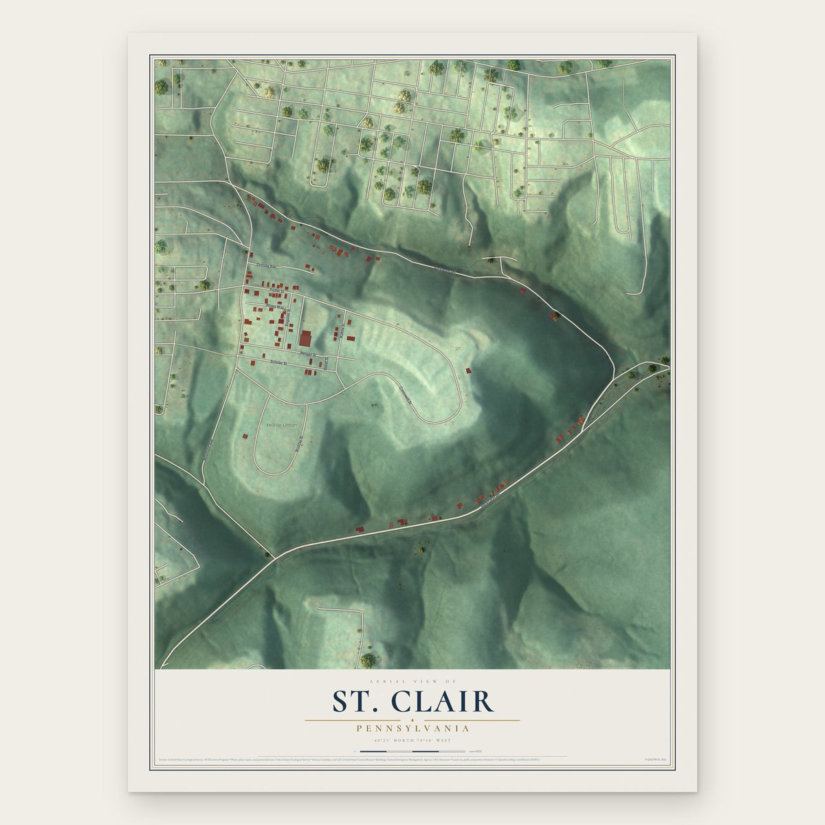 St. Clair, Pennsylvania map print, the full design