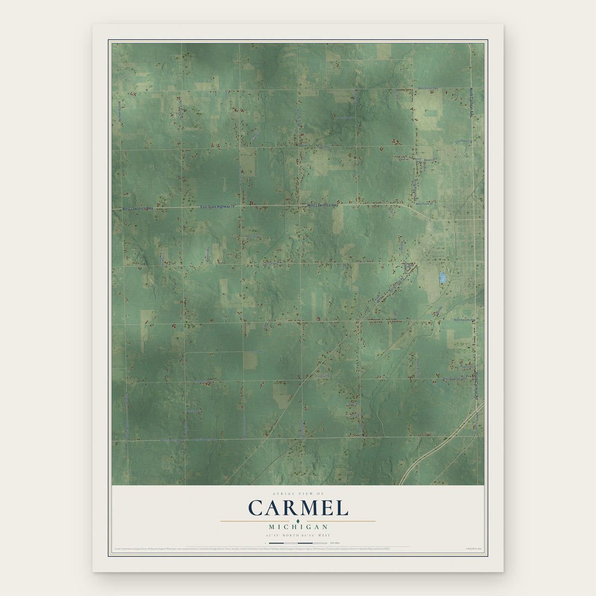 Carmel, Michigan map print, the full design