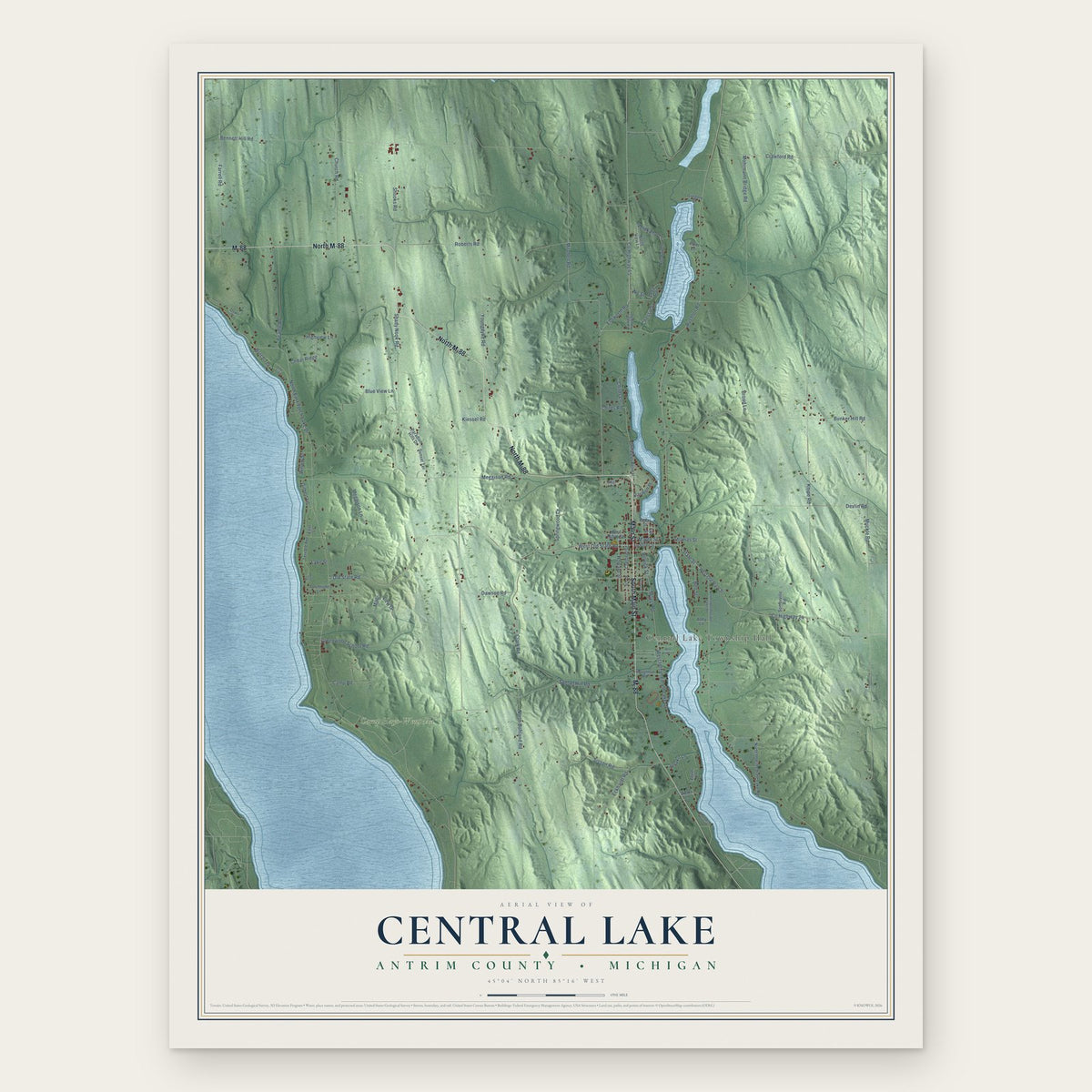 Central Lake, Antrim County, Michigan map print, the full design