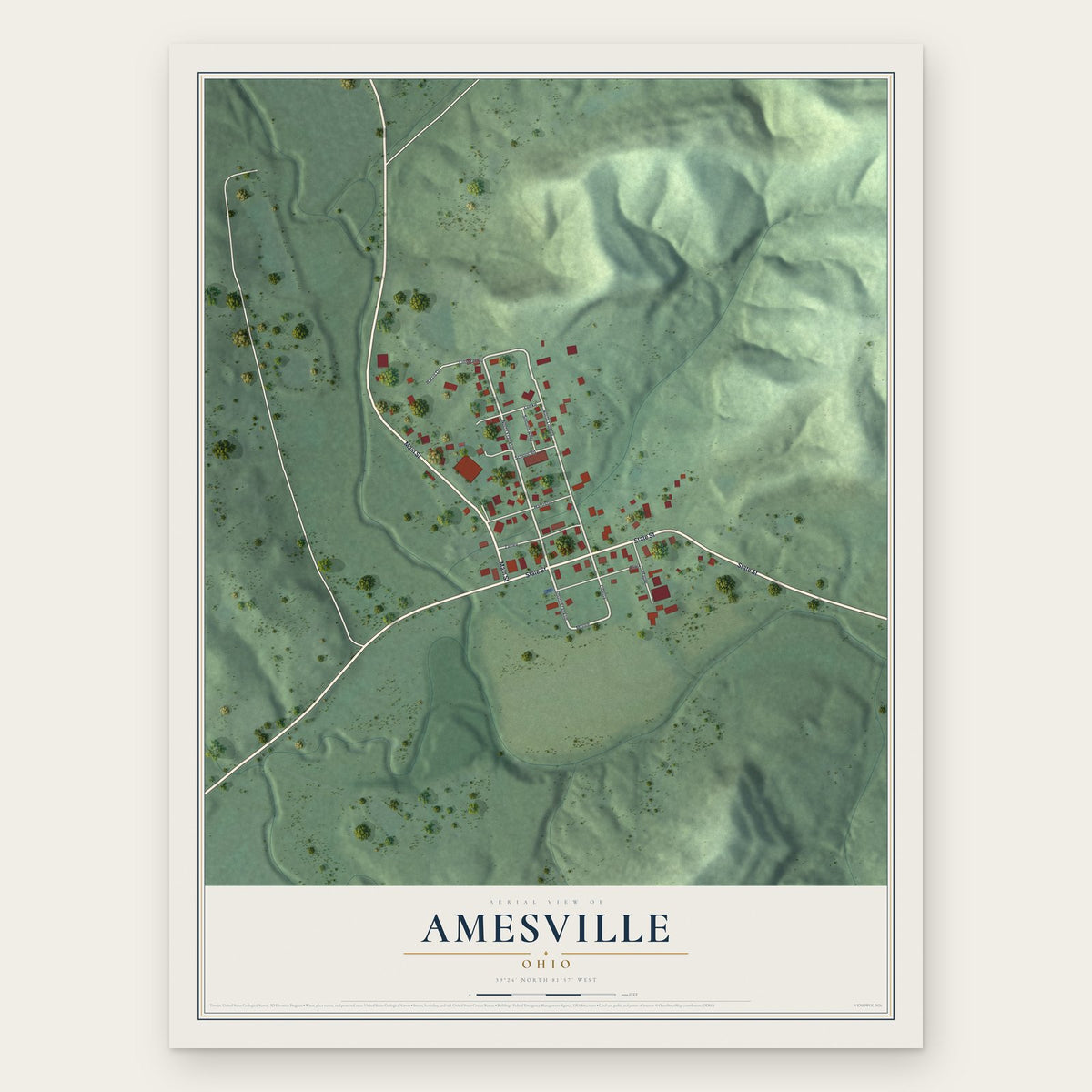 Amesville, Ohio map print, the full design