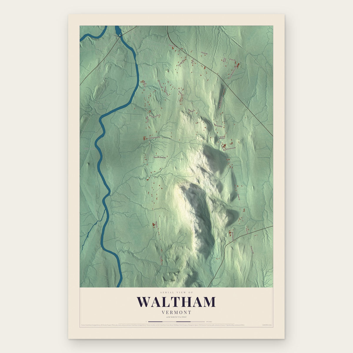 Waltham, Vermont map print, the full design