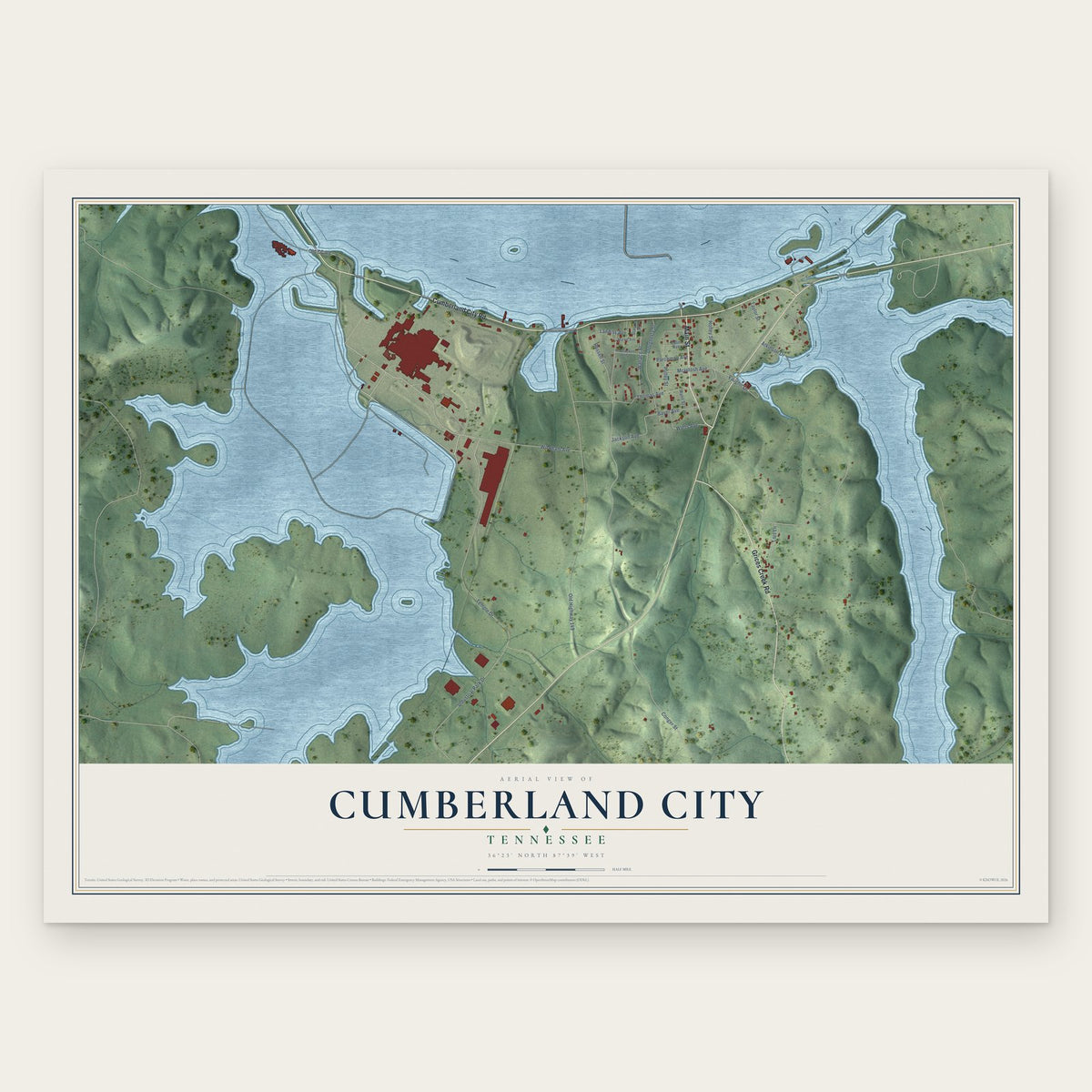 Cumberland City, Tennessee map print, the full design