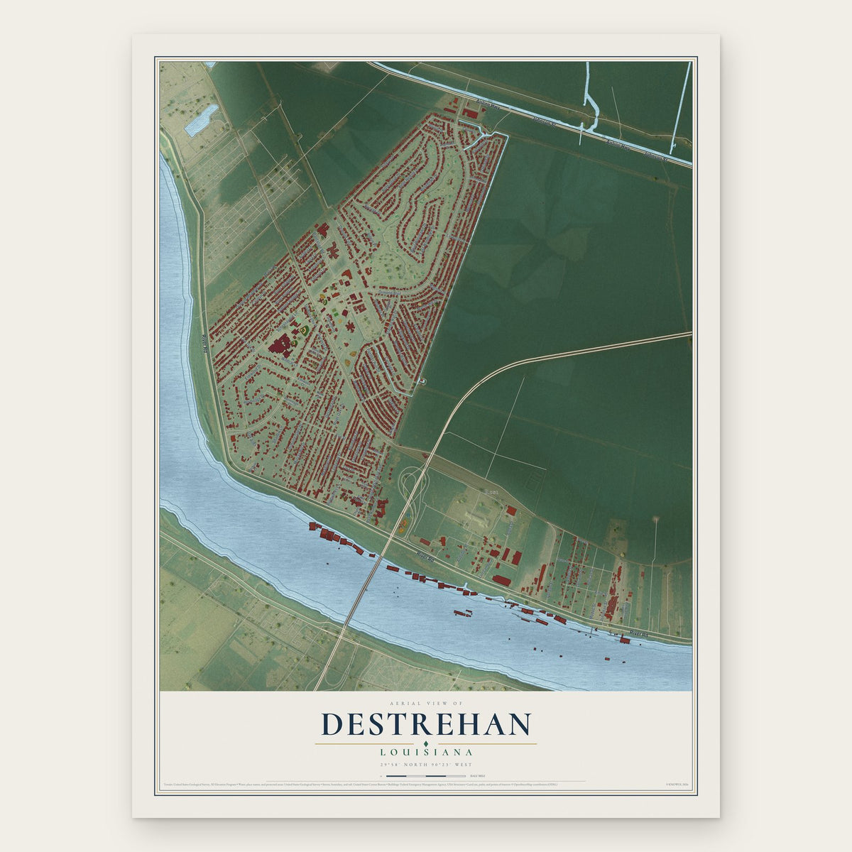 Destrehan, Louisiana map print, the full design