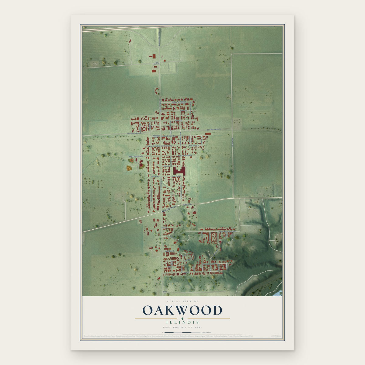 Oakwood, Illinois map print, the full design