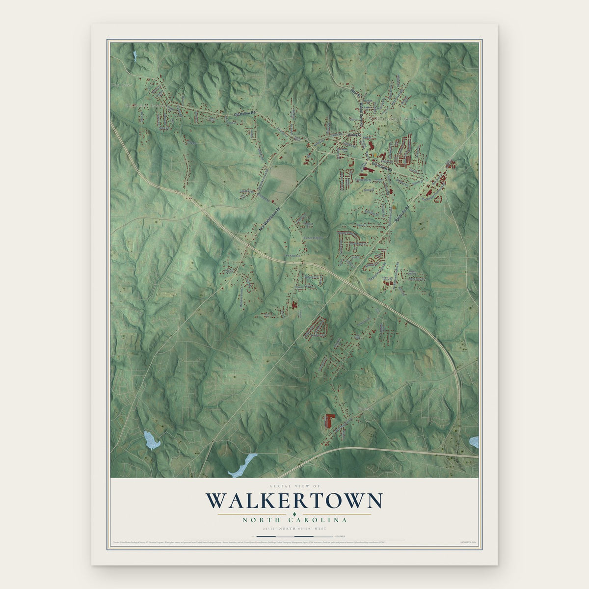 Walkertown, North Carolina map print, the full design