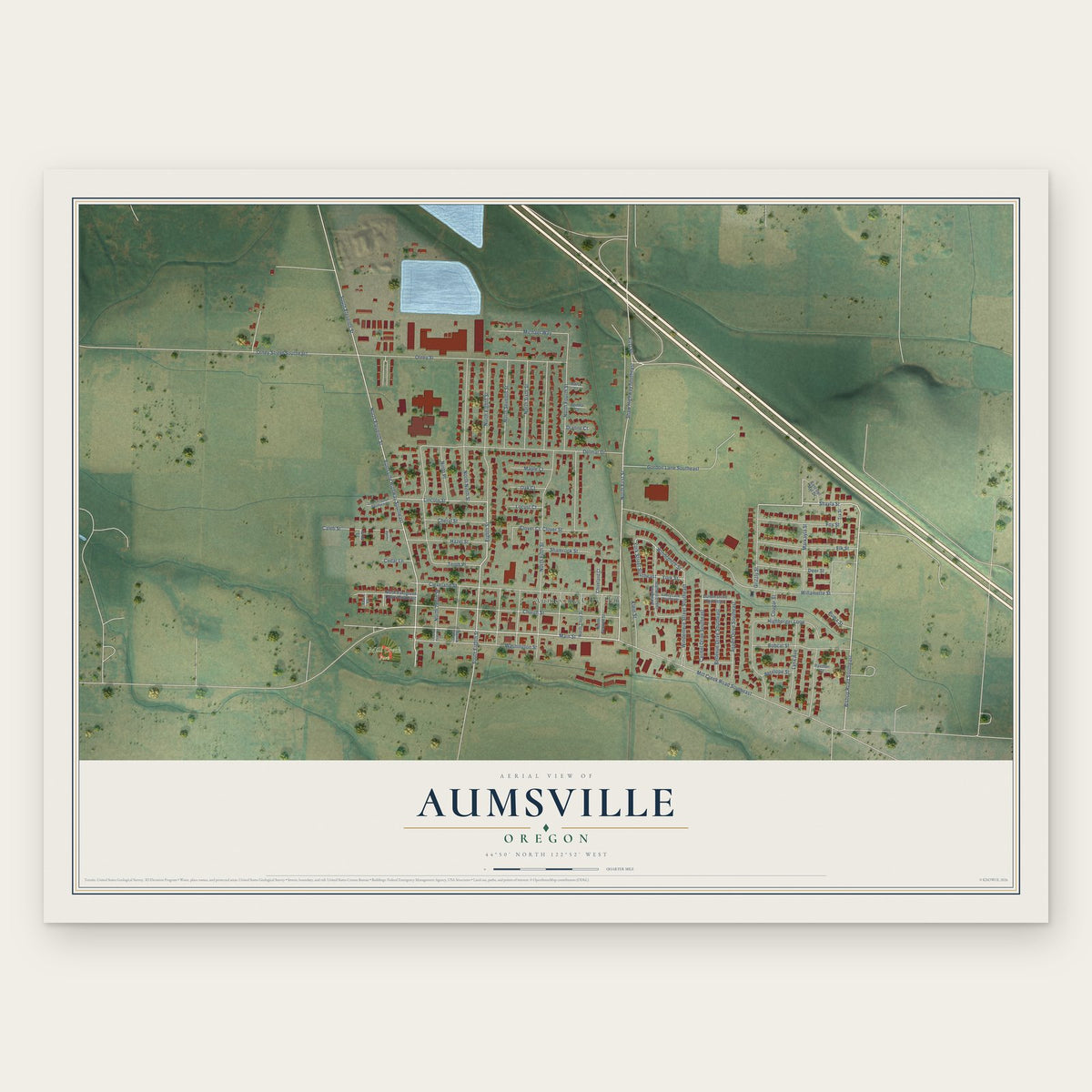Aumsville, Oregon map print, the full design