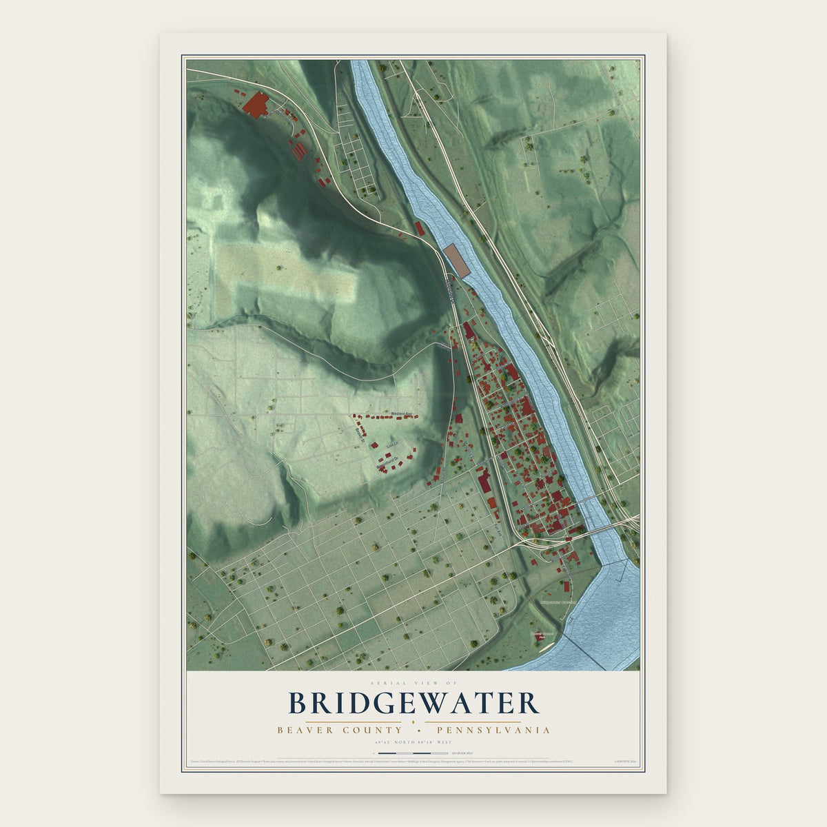 Bridgewater, Beaver County, Pennsylvania map print, the full design
