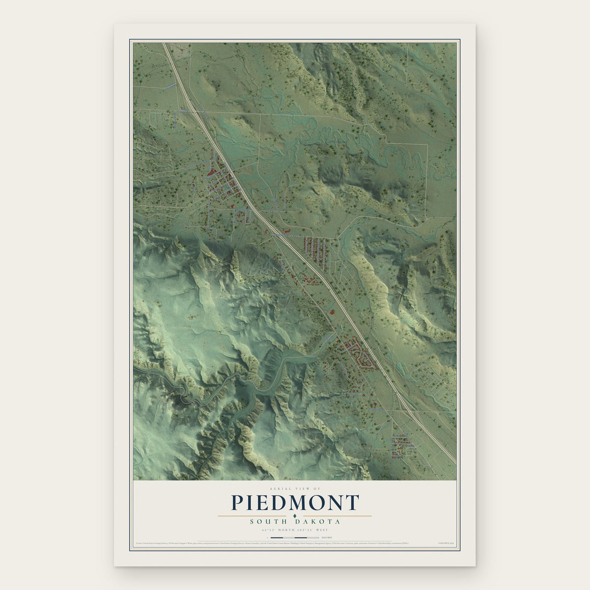 Piedmont, South Dakota map print, the full design
