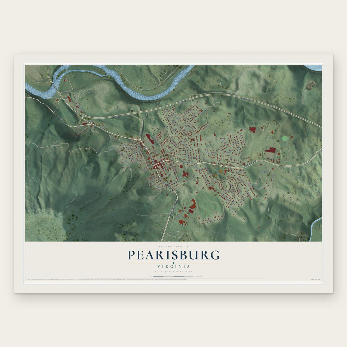 Pearisburg, Virginia map print, the full design