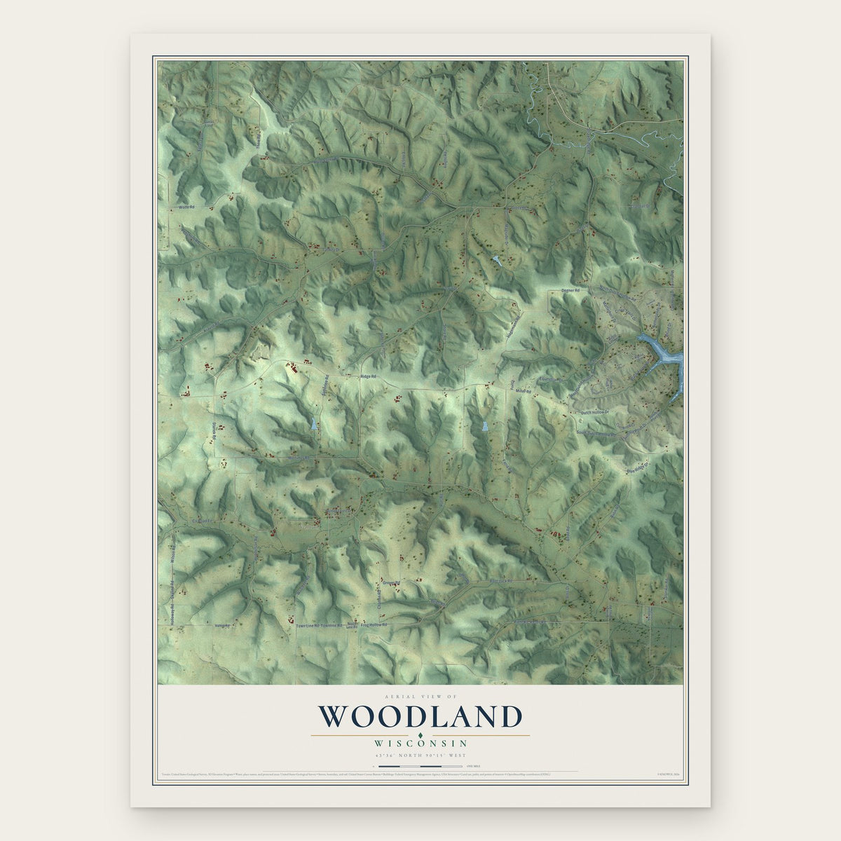 Woodland, Wisconsin map print, the full design