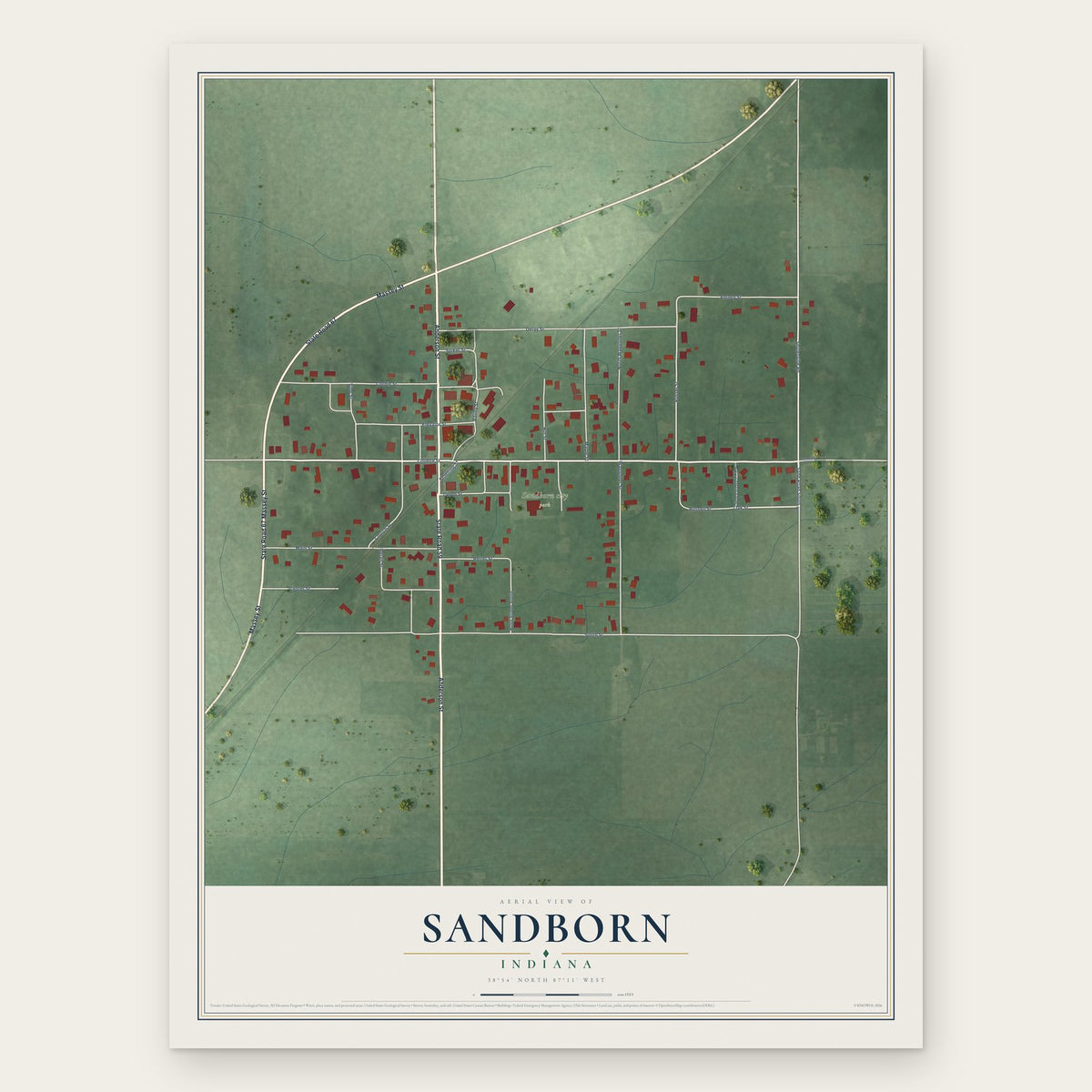 Sandborn, Indiana map print, the full design