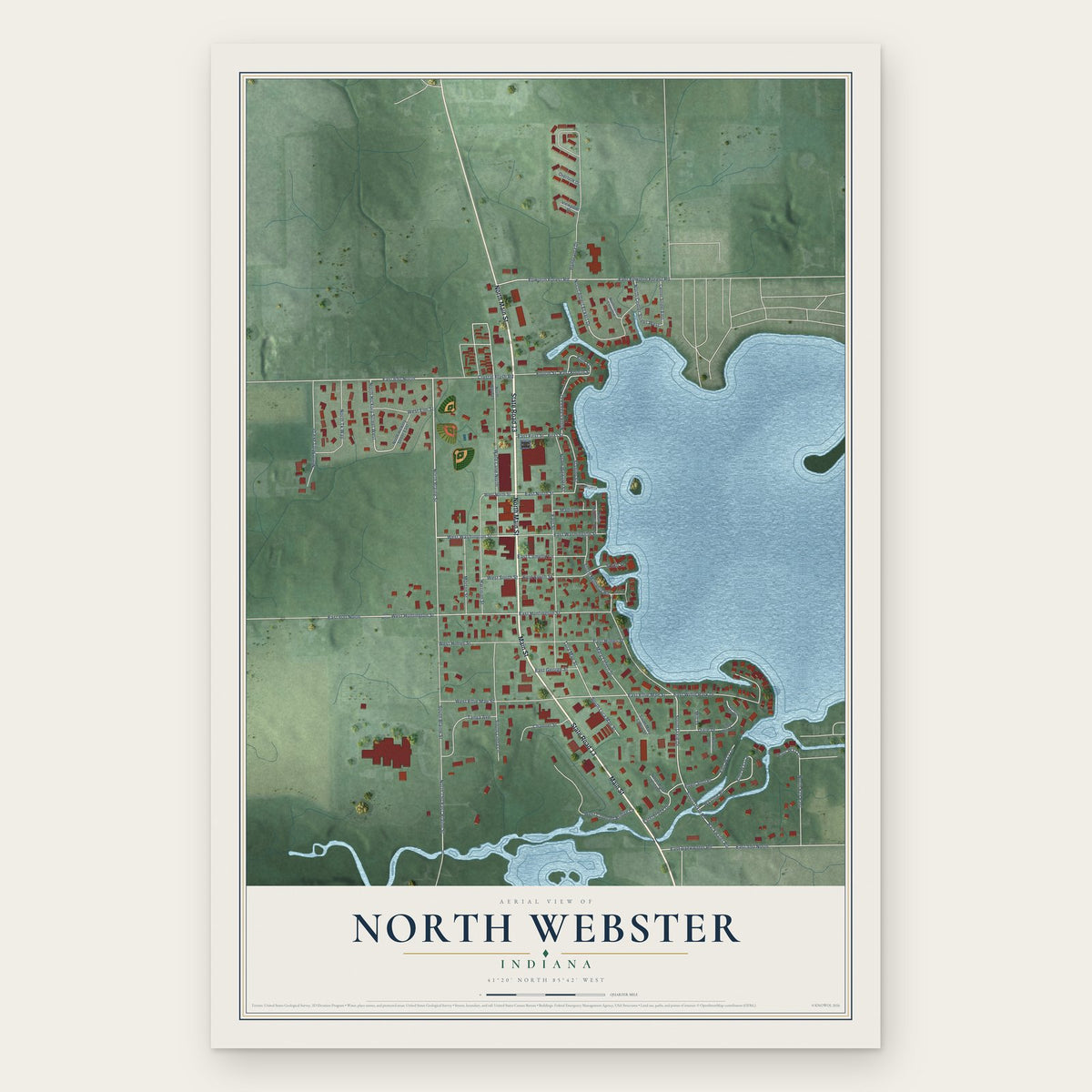 North Webster, Indiana map print, the full design