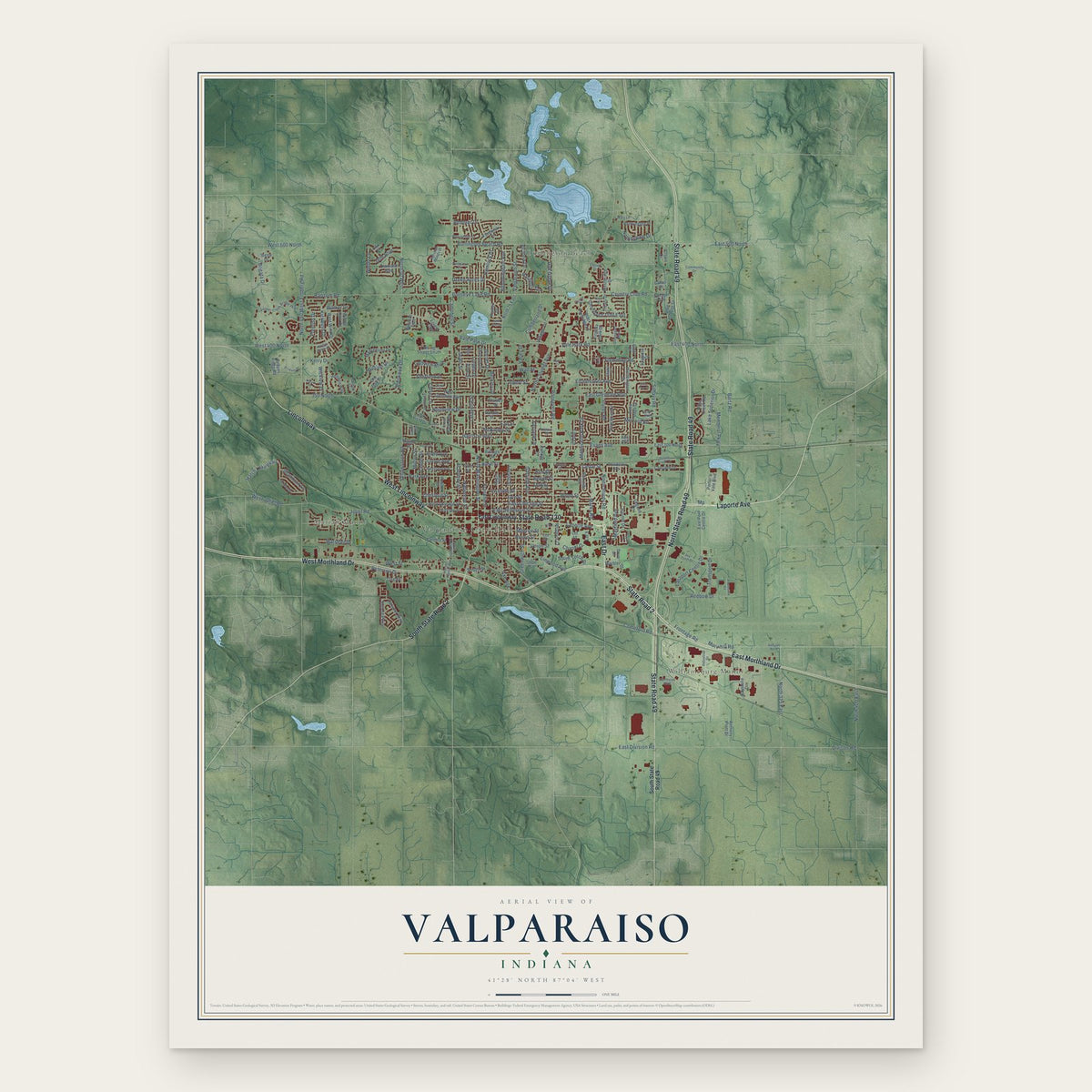 Valparaiso, Indiana map print, the full design