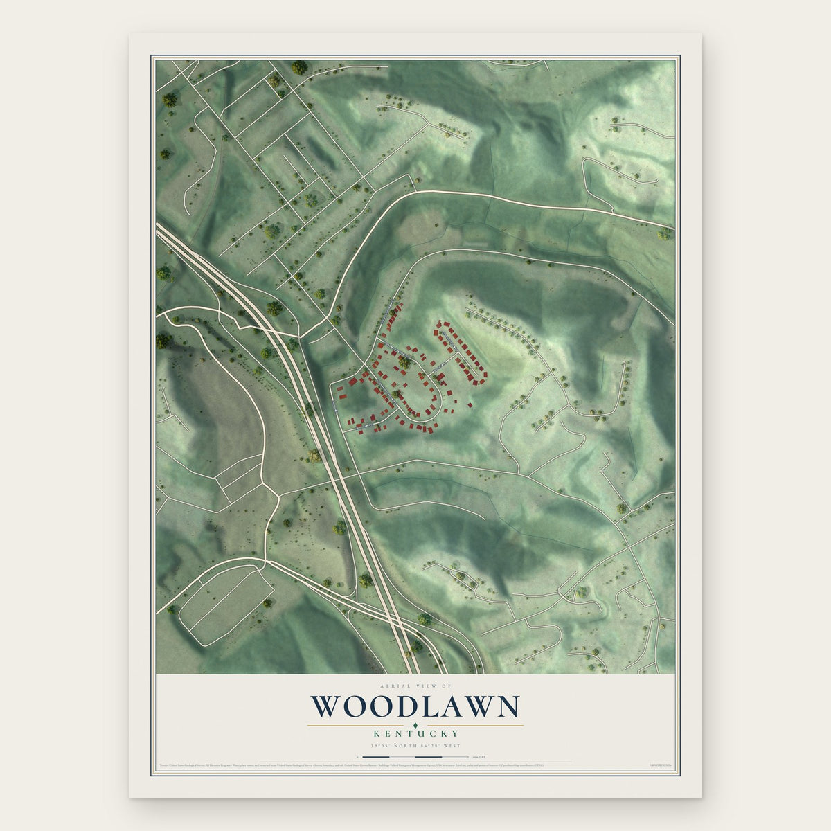 Woodlawn, Kentucky map print, the full design