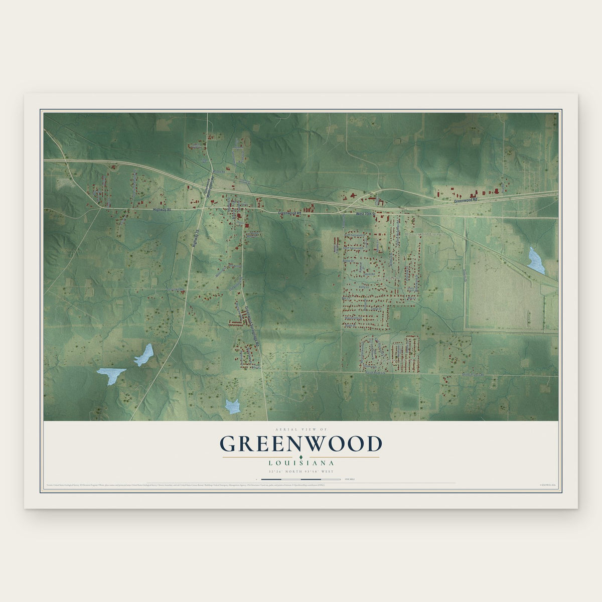 Greenwood, Louisiana map print, the full design